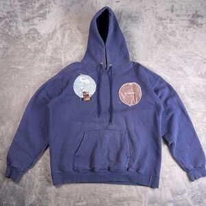 Vintage Hanes Patchwork Hoodie Men's M Blue Pullover Sweatshirt Distressed Y2K